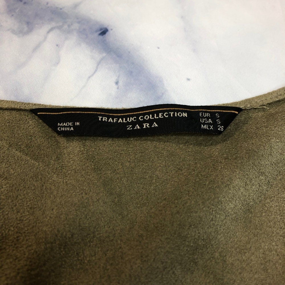 Zara Draped Front Olive Green Faux Suede Dress - Picture 4 of 7